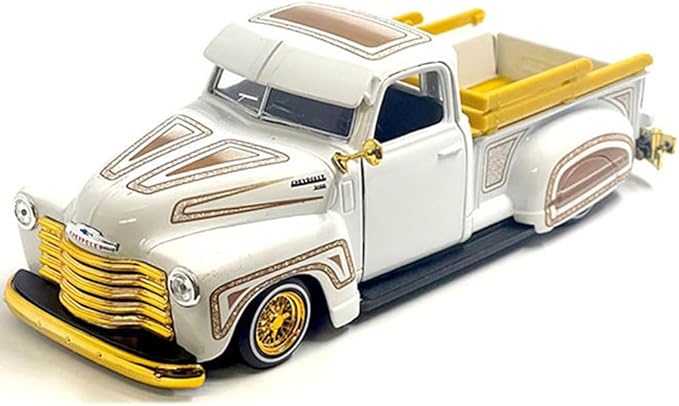 1950 Chevy 3100 Pickup Truck Lowrider White with Graphics and Gold Wheels Lowriders Series 1/25 Diecast Model Car 32545WH