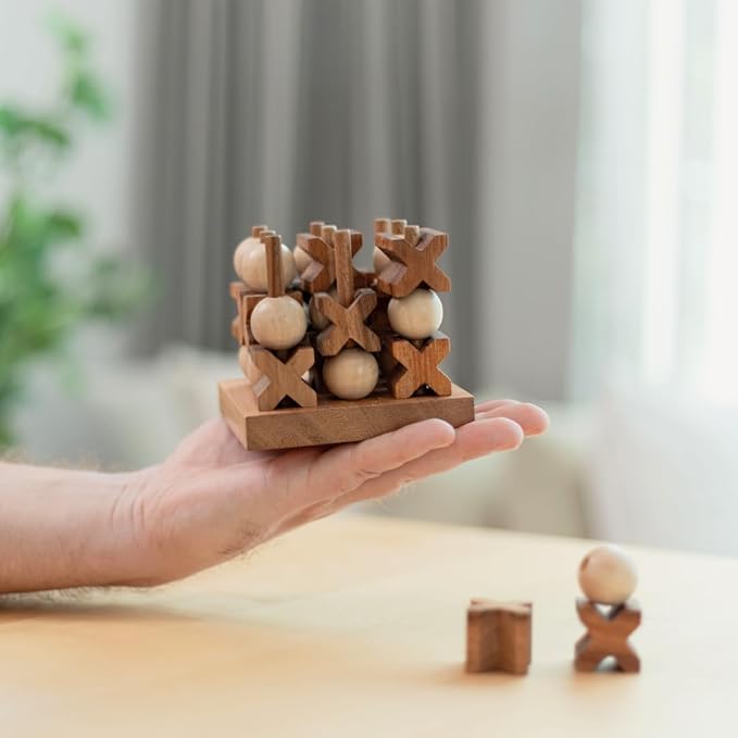 Wooden Tic Tac Toe (XOXO) Game – Handmade 2-Player Strategy Board Game – Travel Size Rustic Tabletop Decor – Sustainable Wood Gift for Adults Couples and Professionals (Mini 3D Tic Tac Toe)