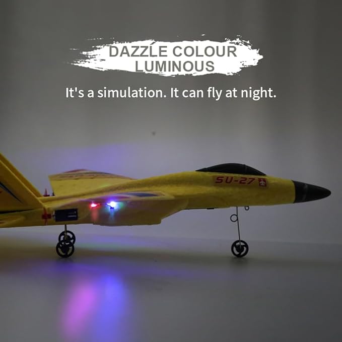 Yellow SU-27 RC Fighter Jet Remote Control Airplane with Stunt Flight Anti-Crash Foam Aircraft Model for 14+ Ages Teens and Adults 2.4GHz Remote Control 3 Batteries for Extended Flight Time