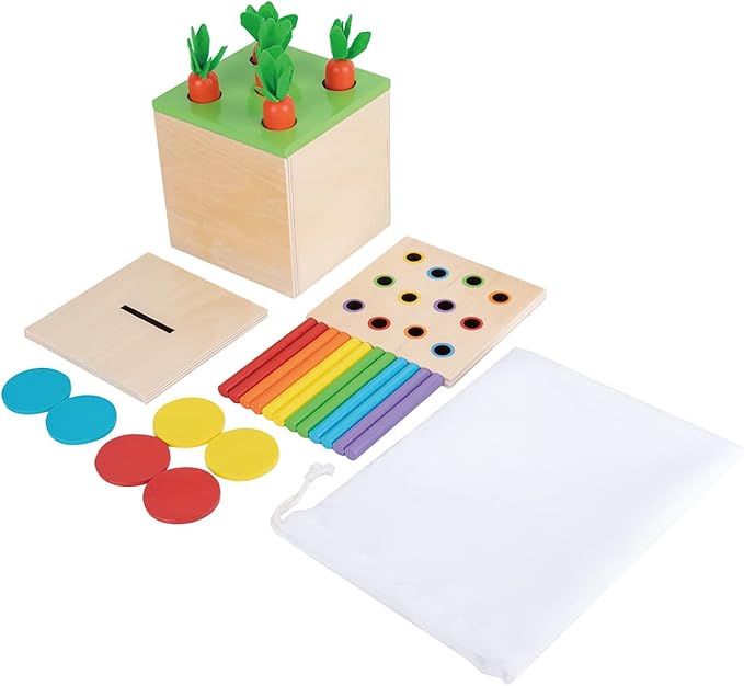 Adena Montessori 3 in 1 Wooden Montessori Play Kit Baby ToysIncludes Matchstick Color Drop GameCarrot Harvest Game and Coin BoxLearning Toy for Kid 123 Year OldGirl Boy Gift for Baby 6-12 Month