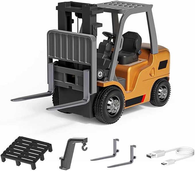 FunXylophy 1/64 Mini RC Forklift 2.4G 10KM/h Full-Proportional Remote Control Forklift with Wireless Controller Cargo Hook Forks and Pallet Christmas &amp Birthday Gifts (Yellow)