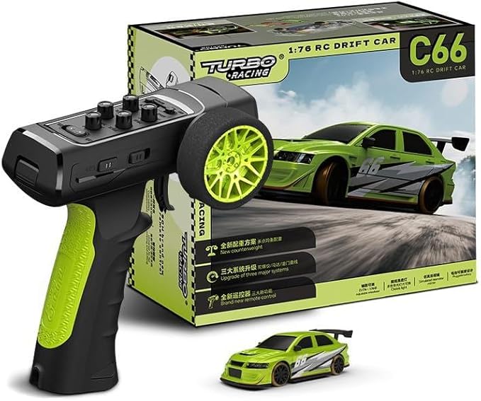 Turbo Racing 1:76 Scale RC Drift Car Table Racing 2.4GHZ Remote Control Mini Model Car with Gyro Full Proportional RTR for Adults Toys (C66-Green)