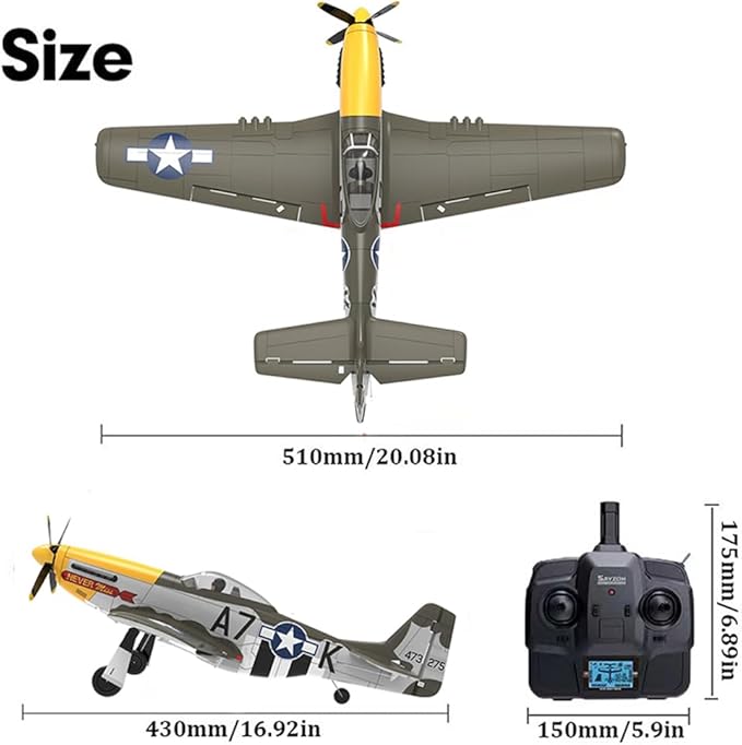 RC Plane 5 Channel P51D Mustang 510mm RC Airplane with 3D Aerobatic and 6-Axis Gyro 1406 Brushless 2.4GHz Radio RC Planes for Adult and Beginners with Spare Propeller (Regular Version- 1 Battery)