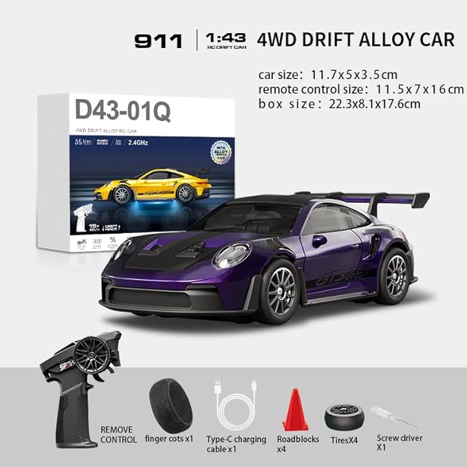 1:43 RC Drift Car 20KM/H with Gyro 2.4G 4WD Full Proportional Alloy Sport Racing Car Adjustable Speed LED Lighting for Teens &amp Adults-D43-01