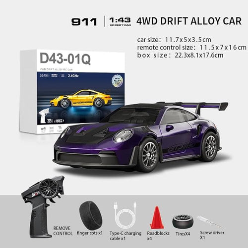 1/43 Scale RC Drift Car 2.4G Full Proportional 4WD Remote Control Car with Gyro Adjustable Speed &amp LED Lights Alloy RC Vehicle for Adult