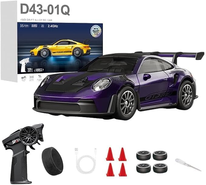 1:43 RC Drift Car 20KM/H with Gyro 2.4G 4WD Full Proportional Alloy Sport Racing Car Adjustable Speed LED Lighting for Teens &amp Adults-D43-01