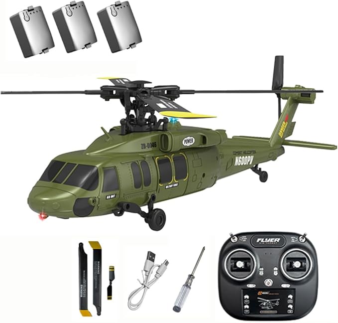 Hanll Black Hawk K200 6CH Simulation RC Helicopter with Brushless Motor Optical Flow &amp Altitude Hold One-Key Inverted Flight 2.4G Remote Control High Simulation Aerobatic Model (Green/3 Batter