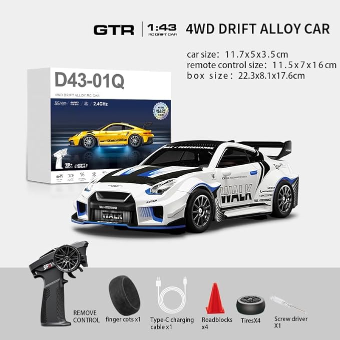 D43-02 1:43 Scale 2.4G Full Proportional 4WD Alloy RC Drift Car with Gyro System Silent Bearings Adjustable Speed &amp LED Lights for Adults High Speed Remote Control Racing Car