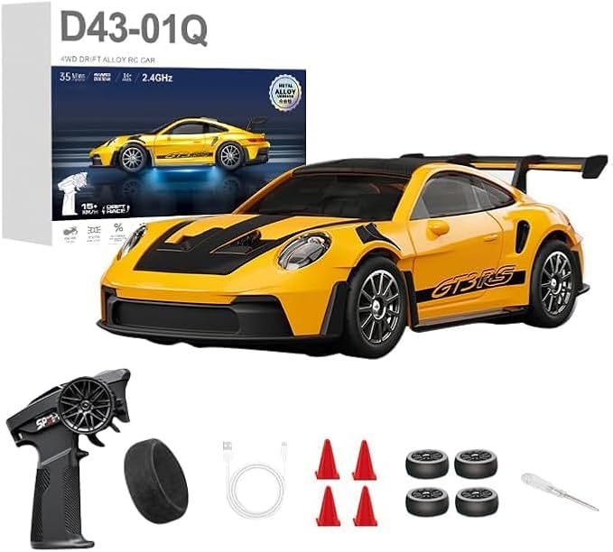 D43-01 1:43 Scale 2.4G Full Proportional 4WD Alloy RC Drift Car with Gyro System Silent Bearings Adjustable Speed &amp LED Lights for Adults High Speed Remote Control Racing Car