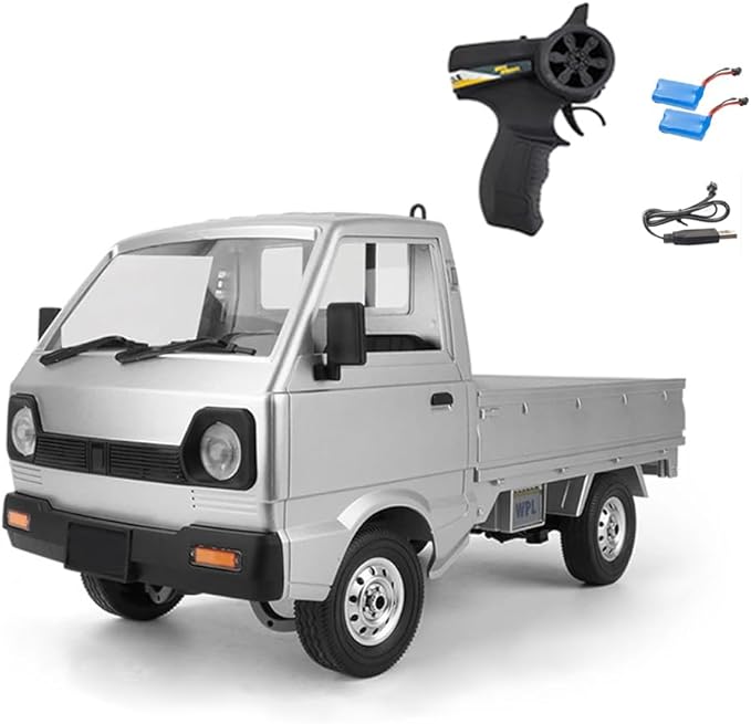 WPL D12 RC Kei Truck 1:10 Scale Remote Control Drift Car 2.4GHz All Terrain Off Road Pickup Truck Crawler with Brushed Motor LED Headlights 2 Batteries RTR for Adults (Silver)