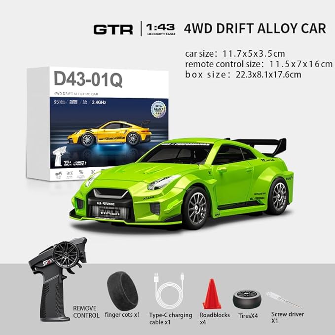 1/43 Scale RC Drift Car 2.4G Full Proportional 4WD Remote Control Car with Gyro Adjustable Speed &amp LED Lights Alloy RC Vehicle for Adult