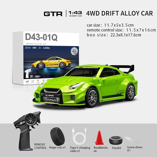 1:43 RC Drift Car 20KM/H with Gyro 2.4G 4WD Full Proportional Alloy Sport Racing Car Adjustable Speed LED Lighting for Teens &amp Adults-D43-02