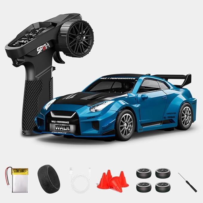 1:43 RC Drift Car D43-02 - 2.4G Full Proportional 4WD Alloy 20KM/H High Speed RC Racing Car with Gyro Silent Bearings Adjustable Speed &amp Lighting(Q7/Metallic Blue/D43-02)