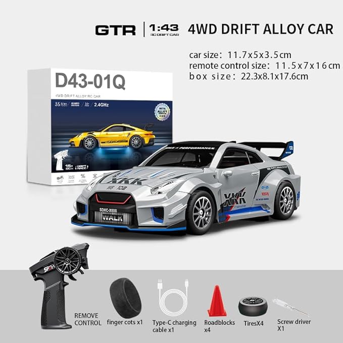 D43-02 1:43 Scale 2.4G Full Proportional 4WD Alloy RC Drift Car with Gyro System Silent Bearings Adjustable Speed &amp LED Lights for Adults High Speed Remote Control Racing Car