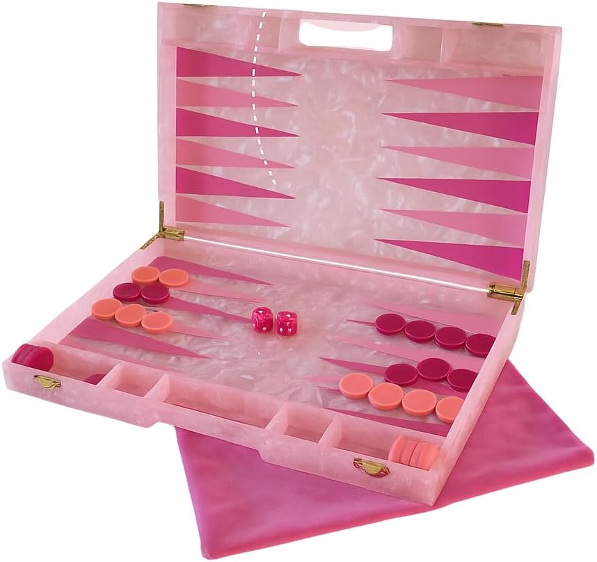 Luxury Backgammon Set Board Game with Dust Bag Marbled Pink with Gold Hardware Acrylic Material 14 Complete Game Pieces for Adults and Kids