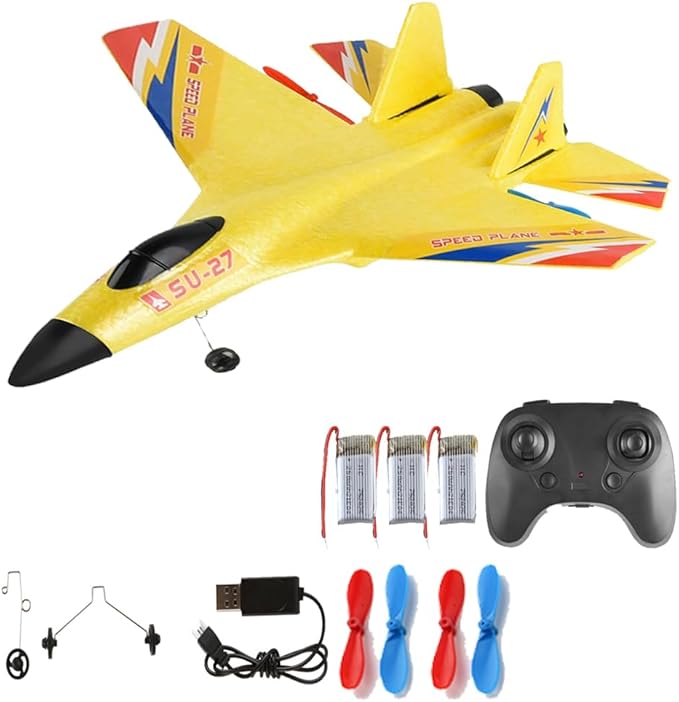 Yellow SU-27 RC Fighter Jet Remote Control Airplane with Stunt Flight Anti-Crash Foam Aircraft Model for 14+ Ages Teens and Adults 2.4GHz Remote Control 3 Batteries for Extended Flight Time