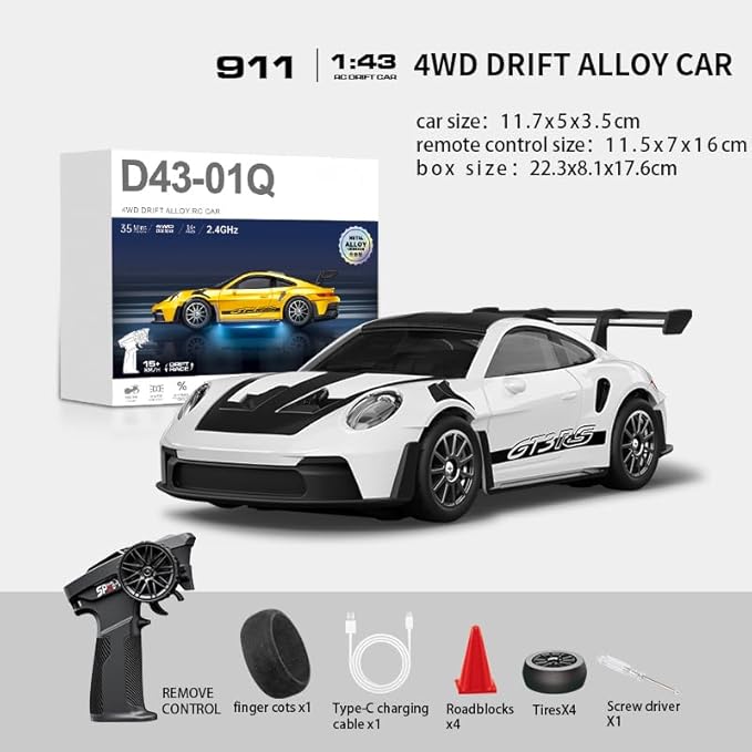 D43-01 1:43 Scale 2.4G Full Proportional 4WD Alloy RC Drift Car with Gyro System Silent Bearings Adjustable Speed &amp LED Lights for Adults High Speed Remote Control Racing Car