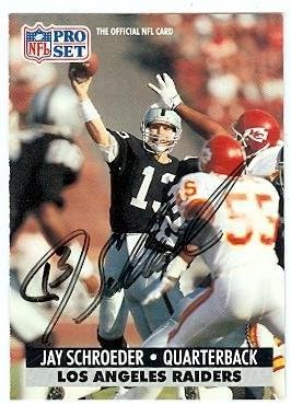 Sports Memorabilia Jay Schroeder Autographed Football Card (Los Angeles Raiders) 1991 Pro Set No.193