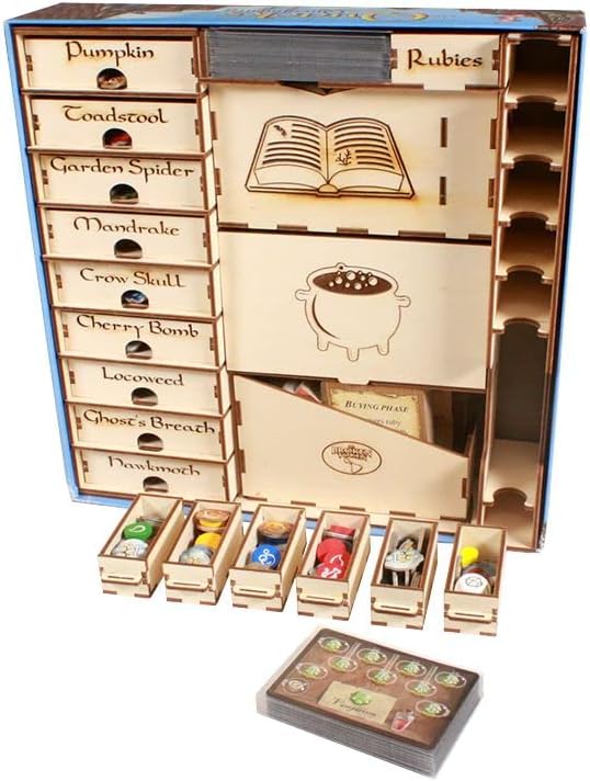 The Broken Token Game Organizer Compatible with Quacks of Quedlinburg - Wooden Game Organizing Box with Multiple Trays