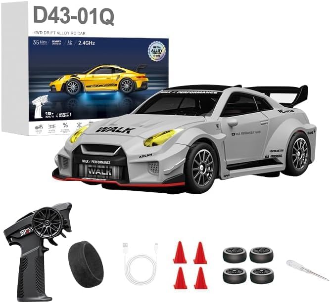 1:43 RC Drift Car 20KM/H with Gyro 2.4G 4WD Full Proportional Alloy Sport Racing Car Adjustable Speed LED Lighting for Teens &amp Adults-D43-02