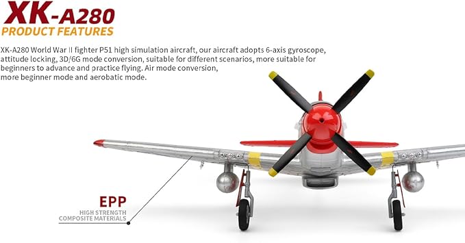 XK A280 P-51 RC Airplane EPP Remote Control Airplane 3D/6G 2.4G 4CH Brushless 560mm Wingspan Fixed Wing RC Aircraft Model with Quick Release Military Plane Toy Gift -RTF