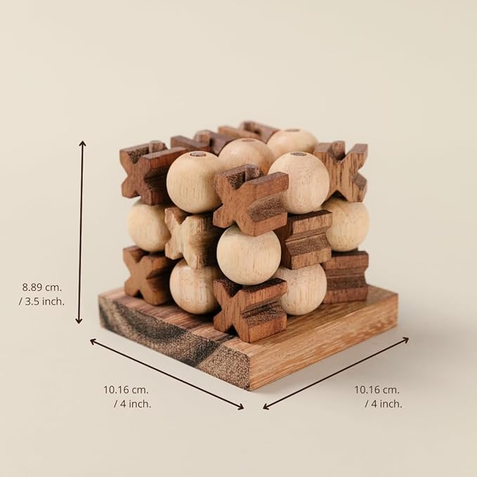 Wooden Tic Tac Toe (XOXO) Game – Handmade 2-Player Strategy Board Game – Travel Size Rustic Tabletop Decor – Sustainable Wood Gift for Adults Couples and Professionals (Mini 3D Tic Tac Toe)