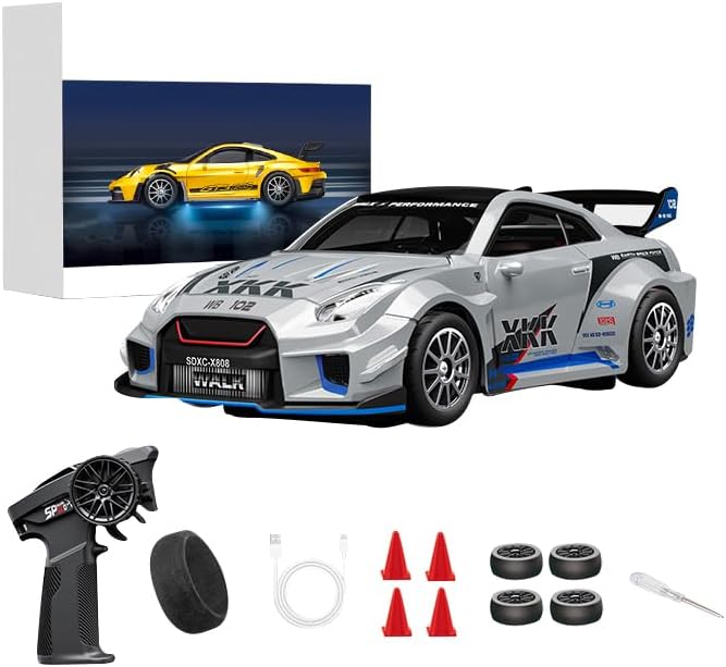 D43-02 1:43 Scale 2.4G Full Proportional 4WD Alloy RC Drift Car with Gyro System Silent Bearings Adjustable Speed &amp LED Lights for Adults High Speed Remote Control Racing Car