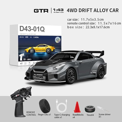 1:43 RC Drift Car 20KM/H with Gyro 2.4G 4WD Full Proportional Alloy Sport Racing Car Adjustable Speed LED Lighting for Teens &amp Adults-D43-02