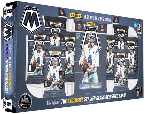 2025 Panini Mosaic Football Sealed Bundle Box 1 Oversized Stained Glass Card and 8 Packs Per Box