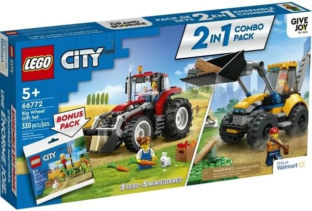 LEGO City Big Wheel Gift Set 66772 2in1 Tractor and Construction Digger Building Toy Sets Plus Farm Garden &amp Scarecrow Bonus Pack Great Gift for Boys and Girls Ages 5 and up
