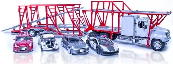Shop72 Freightliner 114SD Auto Transporter Diecast Truck with 4 Assorted Cars Long Hauler Truck 1:32 Scale Semi Truck Toy with Trailer Gift for Truckers and Collectors
