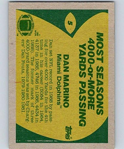 1989 Topps Football #5 Dan Marino Miami Dolphins RB Official NFL Trading Card