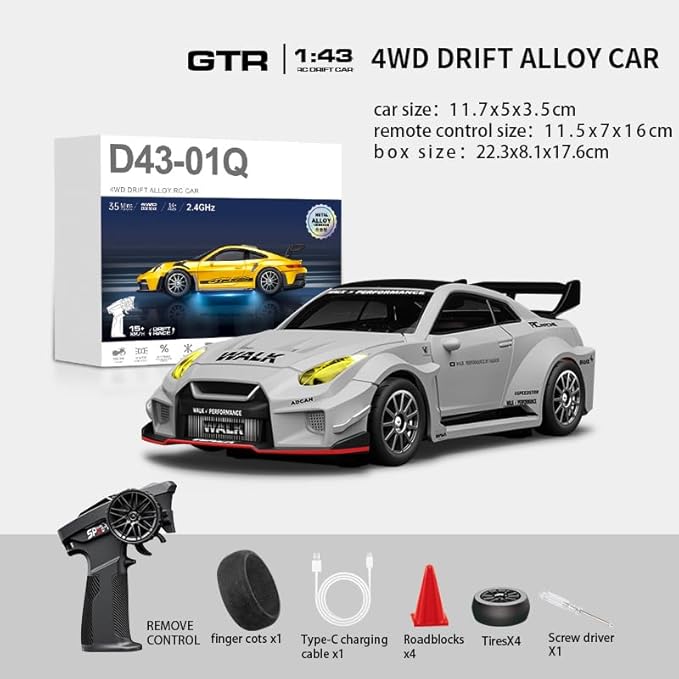 1:43 RC Drift Car 20KM/H with Gyro 2.4G 4WD Full Proportional Alloy Sport Racing Car Adjustable Speed LED Lighting for Teens &amp Adults-D43-02