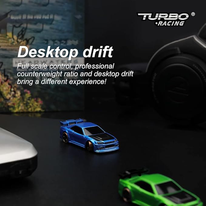 Turbo Racing 1:76 Scale Drift RC Car with Gyro Mini Full Proportional RTR 2.4GHZ Remote Control with 2 Replaceable Body Shell (C64-Green)
