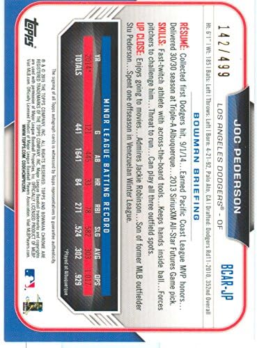 2015 Bowman Chrome Refractor Authentic Joc Pederson Rookie Autograph Card