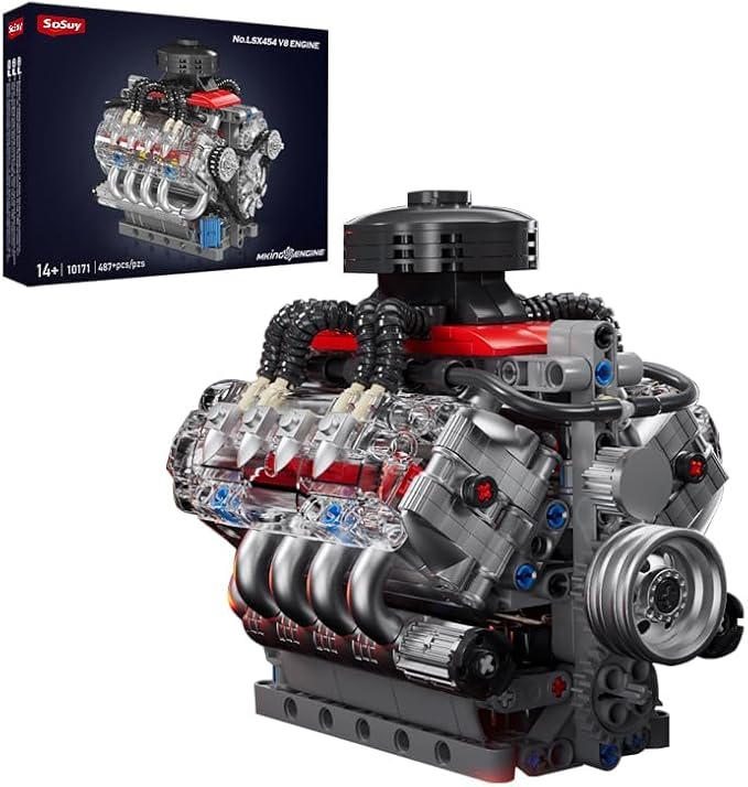Sosuy V8 Engine Building-Blocks Sets Working Motor Model 487+PCS Mechanic Display Home Set for Collection Fans STEM Cars Toys for Boys Birthday Gitf for 8+ Kids Adults Men Girls