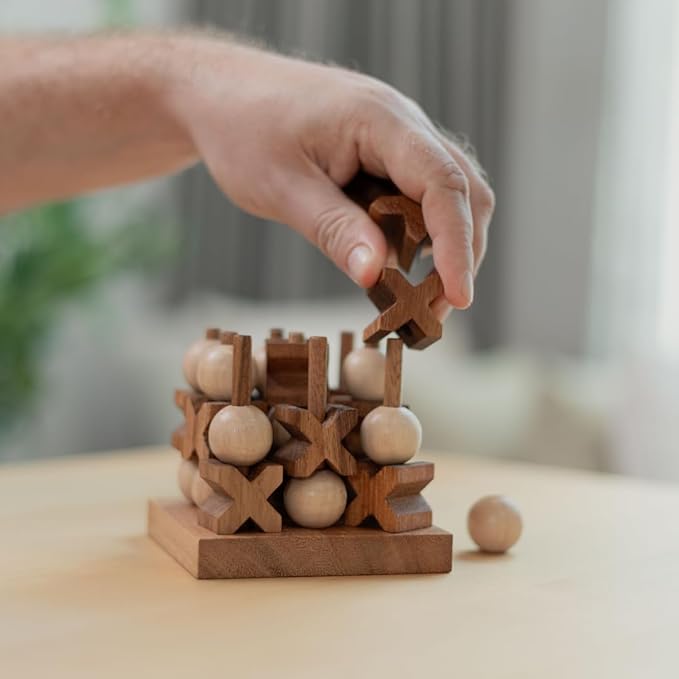 Wooden Tic Tac Toe (XOXO) Game – Handmade 2-Player Strategy Board Game – Travel Size Rustic Tabletop Decor – Sustainable Wood Gift for Adults Couples and Professionals (Mini 3D Tic Tac Toe)