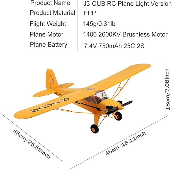 J3-CUB RC Plane 5CH Remote Control Airplane for Adults 1406 Brushless Motor Outdoor 3D6G Fixed Wing Stunt RC Aircraft with Replaceable Parts (Yellow 2B+LED)