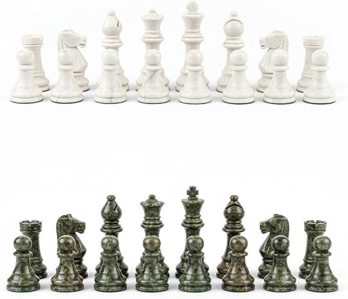 Handcrafted Premium Marble Chess Pieces Set – Elegant 32-Piece Replacement for 12-15 Inch Chess Boards Storage Box (White and Green)