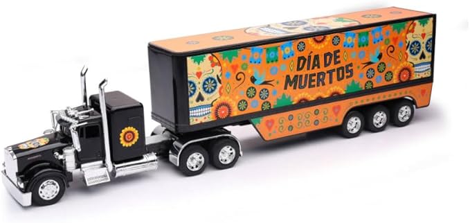 Shop72 1:32 Scale Toy Truck with Trailer Diecast Semi Long Hauler Truck Collectible Long Hauler with Dry Van Trailer Diecast 18 Wheelers Semi Replica Kenworth W900 Model - Dia DE Los Muertos