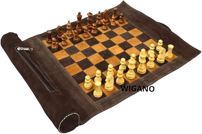 19X15 Genuine Leather Chess Set (Chess Size-12X12) - with 3 King Size Chess Pieces &amp Roll-Up Leather Chess Board (Brown(Suede))