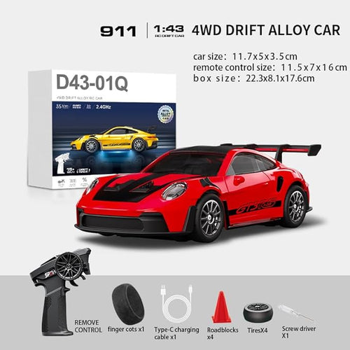1/43 Scale RC Drift Car 2.4G Full Proportional 4WD Remote Control Car with Gyro Adjustable Speed &amp LED Lights Alloy RC Vehicle for Adult