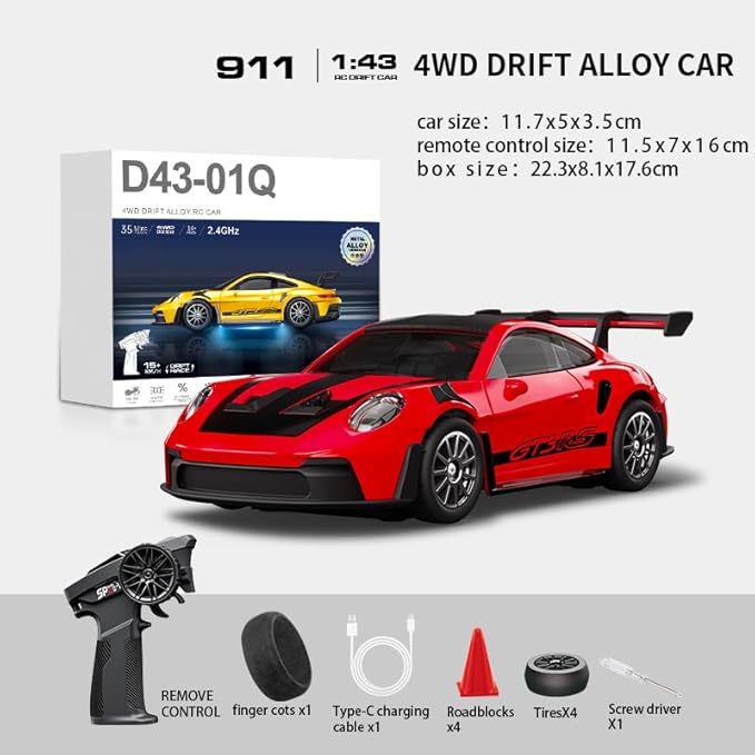 D43-01 1:43 Scale 2.4G Full Proportional 4WD Alloy RC Drift Car with Gyro System Silent Bearings Adjustable Speed &amp LED Lights for Adults High Speed Remote Control Racing Car
