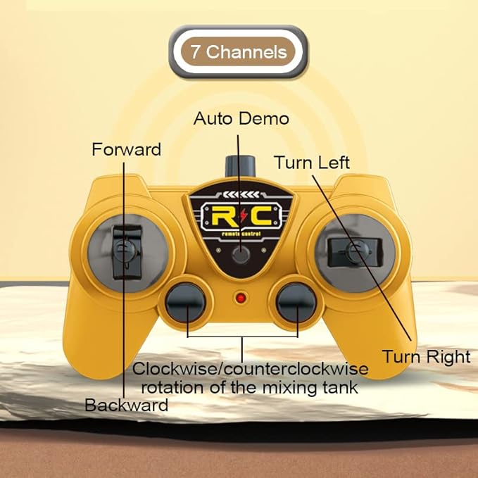 RC Cement Mixer Toy Truck for Boys - 6 Channel Remote Control Construction Toys with 2 Rechargeable Batteries 1:24 Auto Demo 360 Degree Stirring Vehicles with Lights for Kids