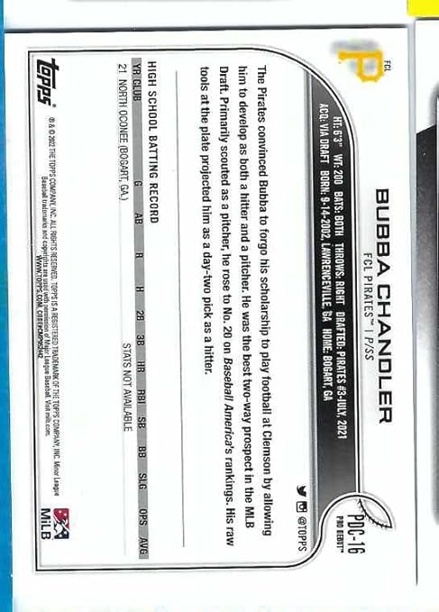BUBBA CHANDLER 2022 Topps Pro Debut Chrome #PDC-16 Rookie Baseball Card RC Pittsburgh Pirates