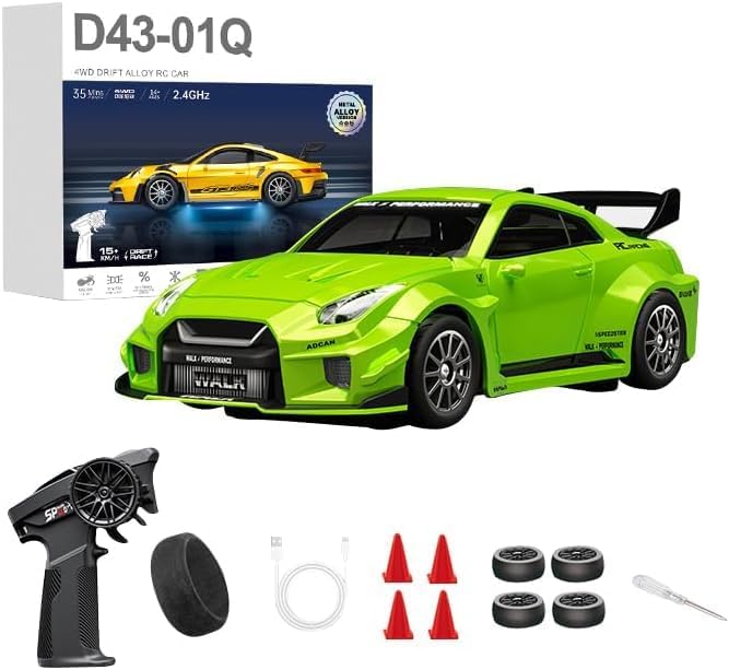 1:43 RC Drift Car 20KM/H with Gyro 2.4G 4WD Full Proportional Alloy Sport Racing Car Adjustable Speed LED Lighting for Teens &amp Adults-D43-02
