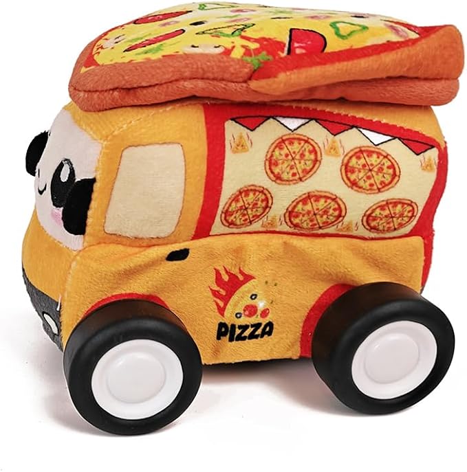 Plush Pizza Car with 2.4GHz Remote – Soft Fabric RC Toy with Music Effects &amp Buildable Top Safe Indoor Play Vehicle for Kids Ages 2+