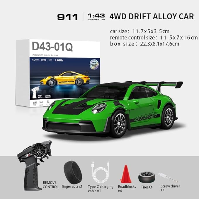 1/43 Scale RC Drift Car 2.4G Full Proportional 4WD Remote Control Car with Gyro Adjustable Speed &amp LED Lights Alloy RC Vehicle for Adult
