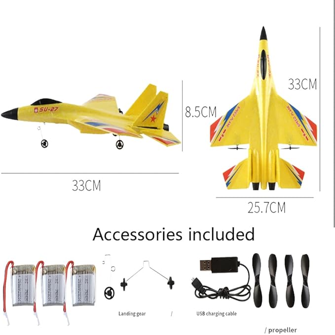 Yellow SU-27 RC Fighter Jet Remote Control Airplane with Stunt Flight Anti-Crash Foam Aircraft Model for 14+ Ages Teens and Adults 2.4GHz Remote Control 3 Batteries for Extended Flight Time