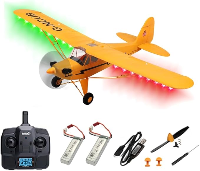 J3-CUB RC Plane 5CH Remote Control Airplane for Adults 1406 Brushless Motor Outdoor 3D6G Fixed Wing Stunt RC Aircraft with Replaceable Parts (Yellow 2B+LED)